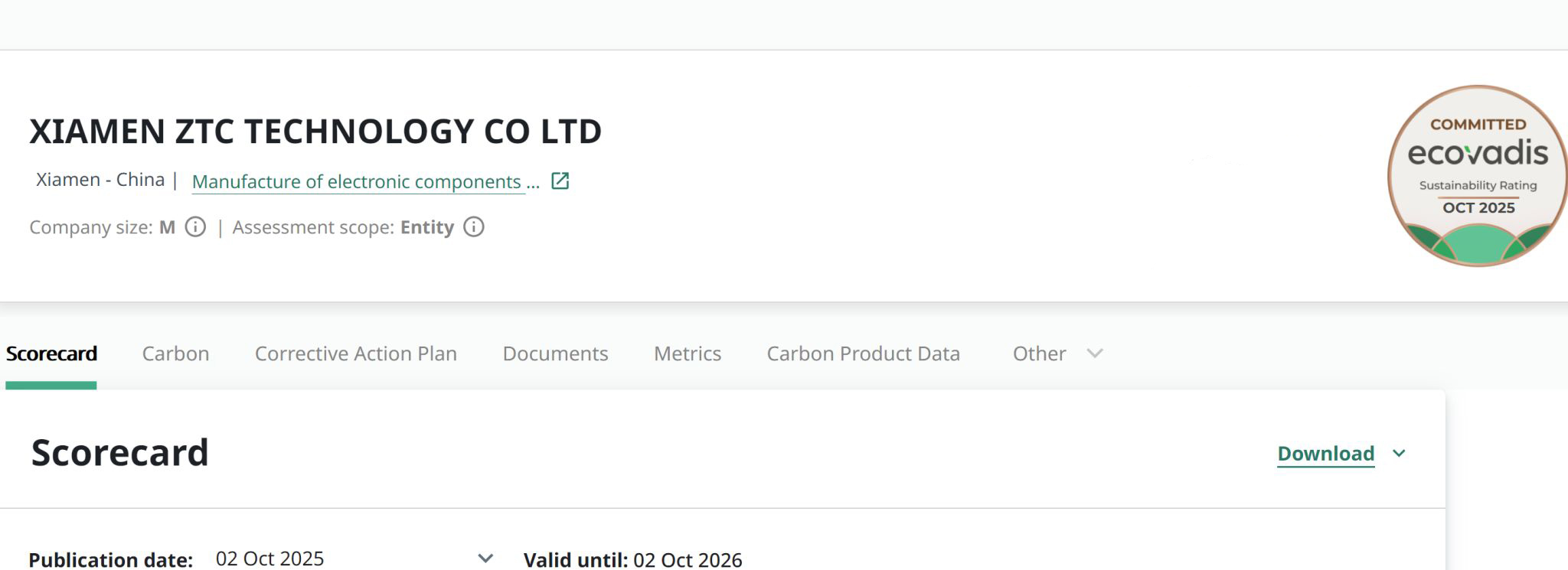 Компания Xiamen ZTC Technology получила сертификат устойчивого развития EcoVadis